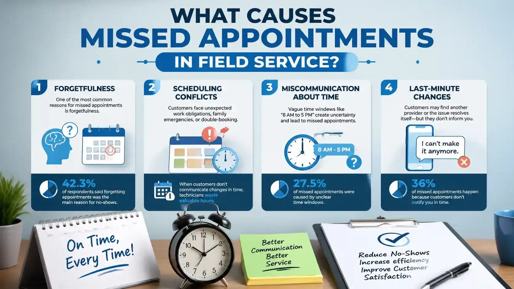 Infographic on causes of missed field service appointments: forgetfulness, etc